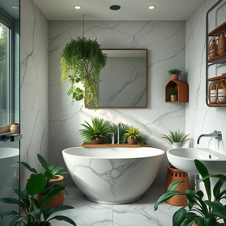 Terrário único em banheiro, toque de design moderno e natural.