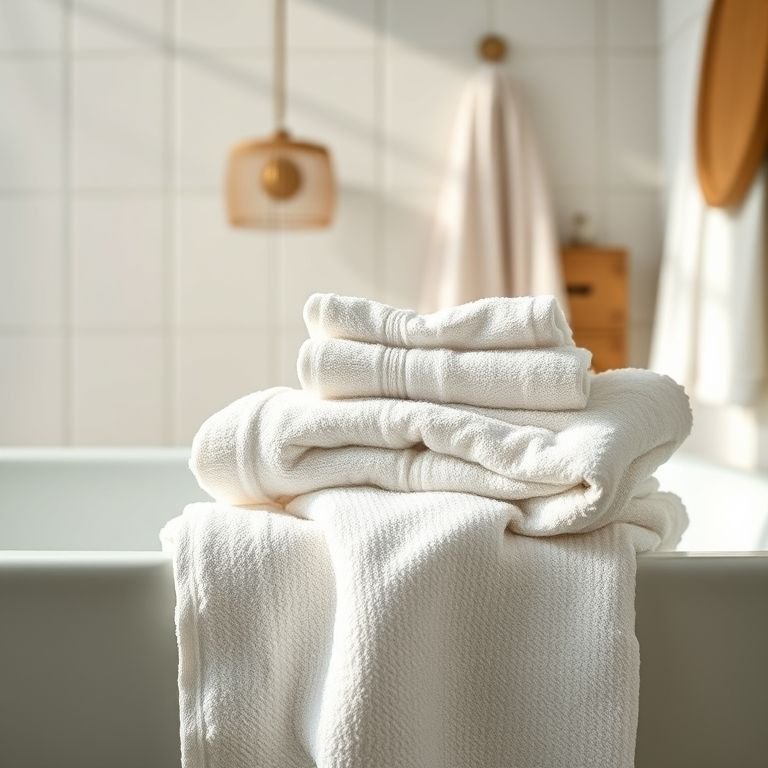 Toalhas de algodão egípcio da Buddemeyer em um banheiro boho com luz natural.