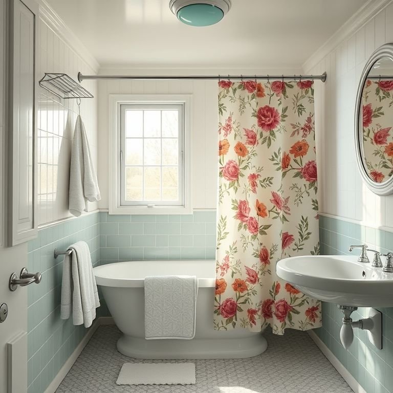 Toalhas e cortinas com estampas retrô em um banheiro vintage.