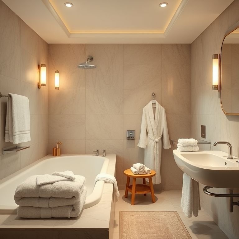 Toalhas macias e aconchegantes em banheiro com banheira e chuveiro separados.