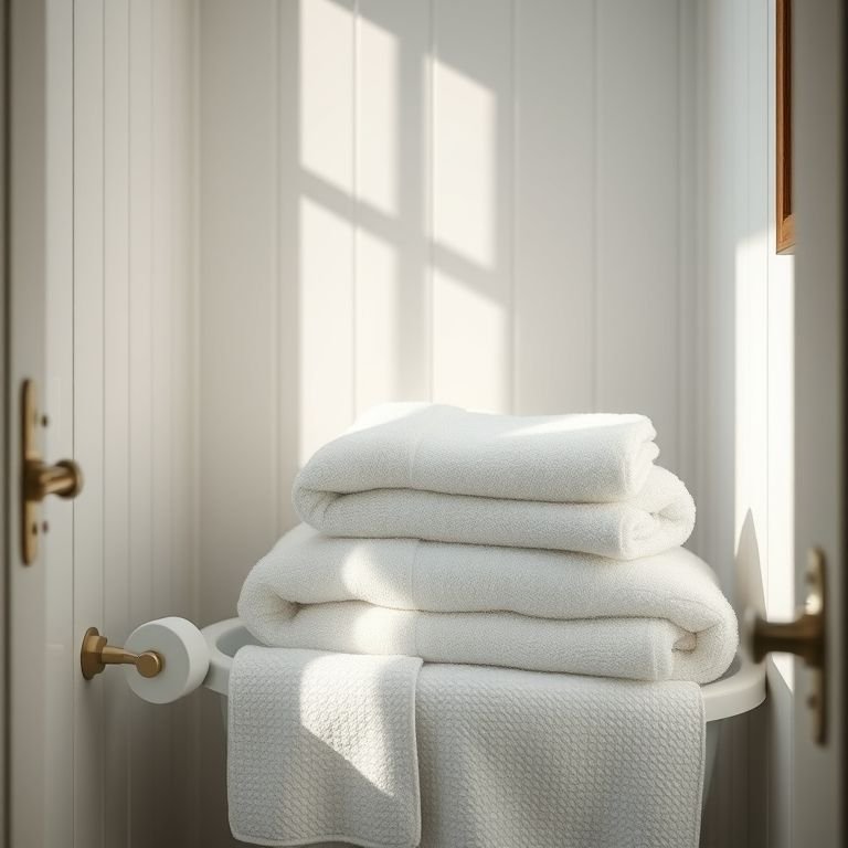 Toalhas macias e aconchegantes em um banheiro pequeno.