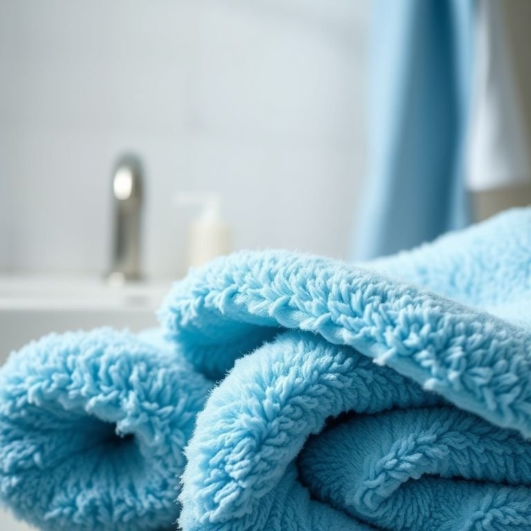 Toalhas macias e cheirosas em um banheiro azul.