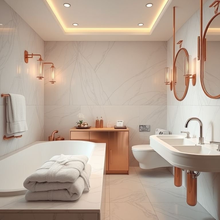 Toalhas macias e roupão luxuoso em banheiro com detalhes rose gold.