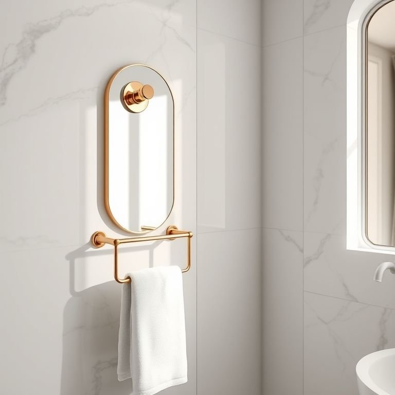 Toalheiro e espelho rose gold em banheiro de luxo, detalhes em mármore.