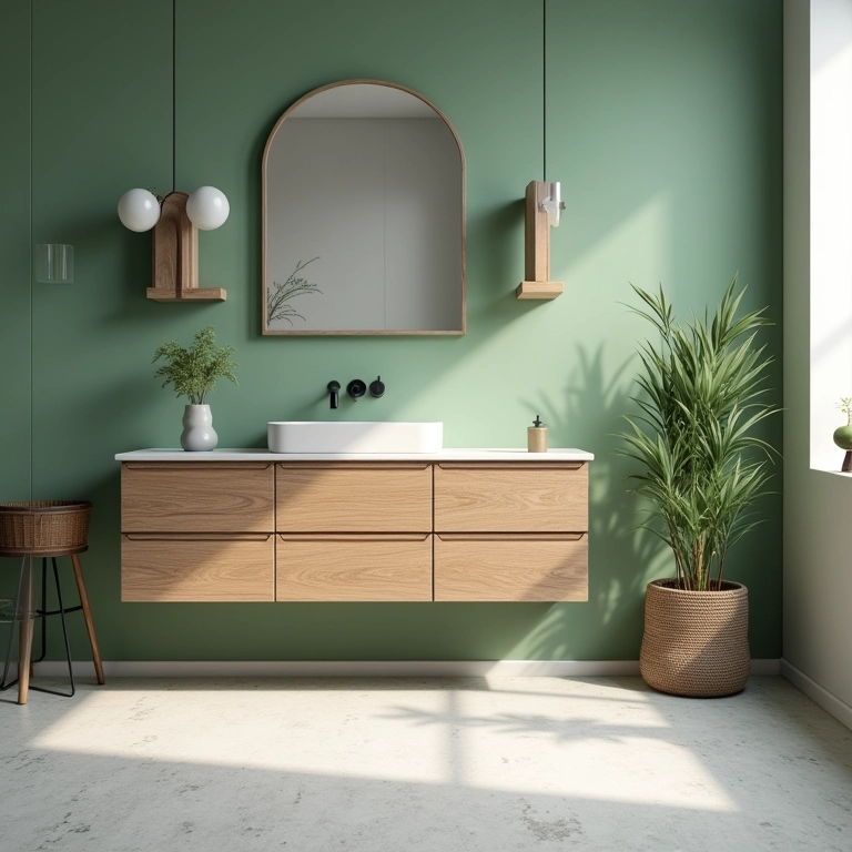 Toque aconchegante da madeira em banheiro verde e branco.