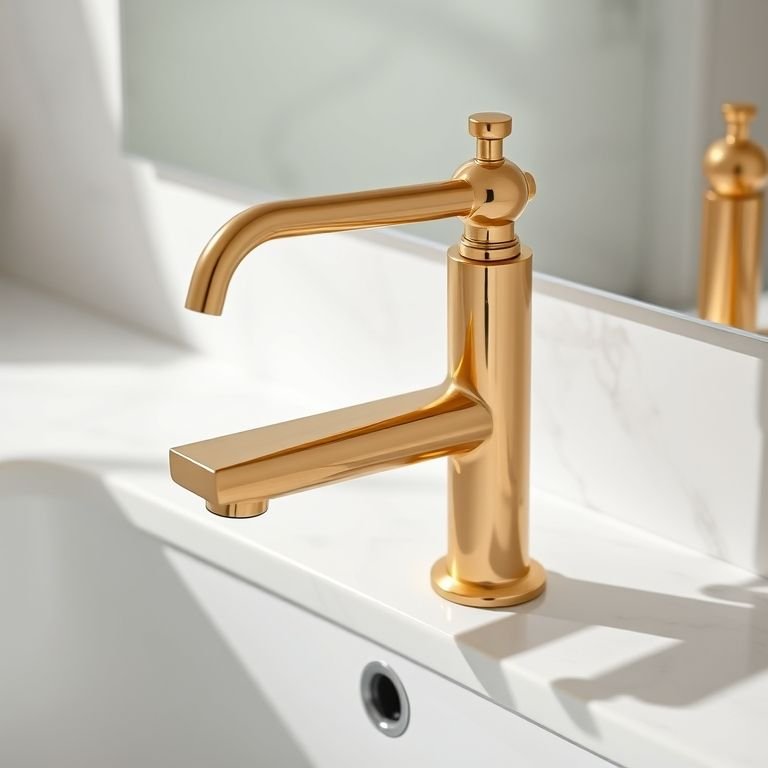 Torneira dourada elegante em um banheiro branco e dourado moderno.