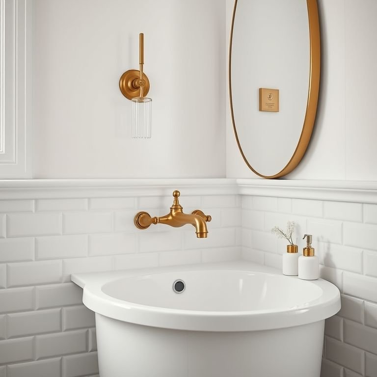 Torneira elegante de latão em um banheiro off white.