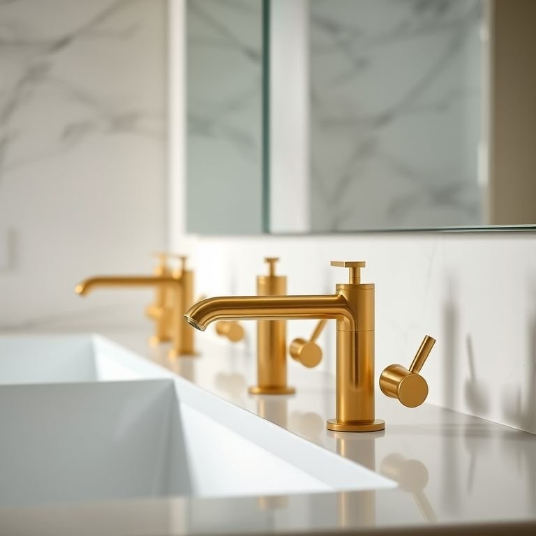 Torneiras Douradas Sensea em destaque em um banheiro moderno.