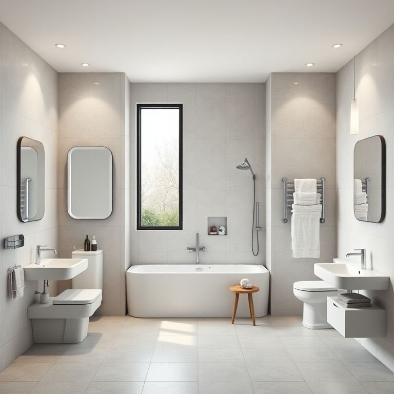 Três layouts diferentes de banheiro: compacto, em L e linear.