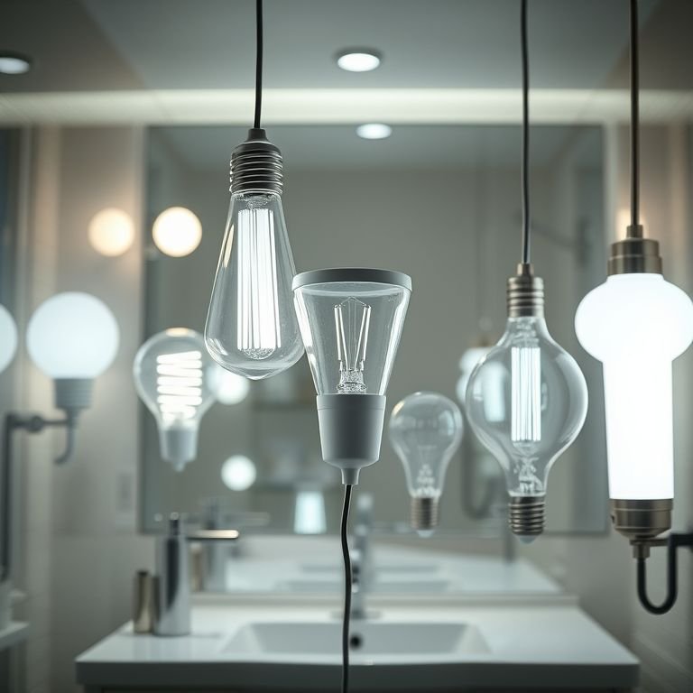Variedade de lâmpadas LED com diferentes potências em um banheiro.