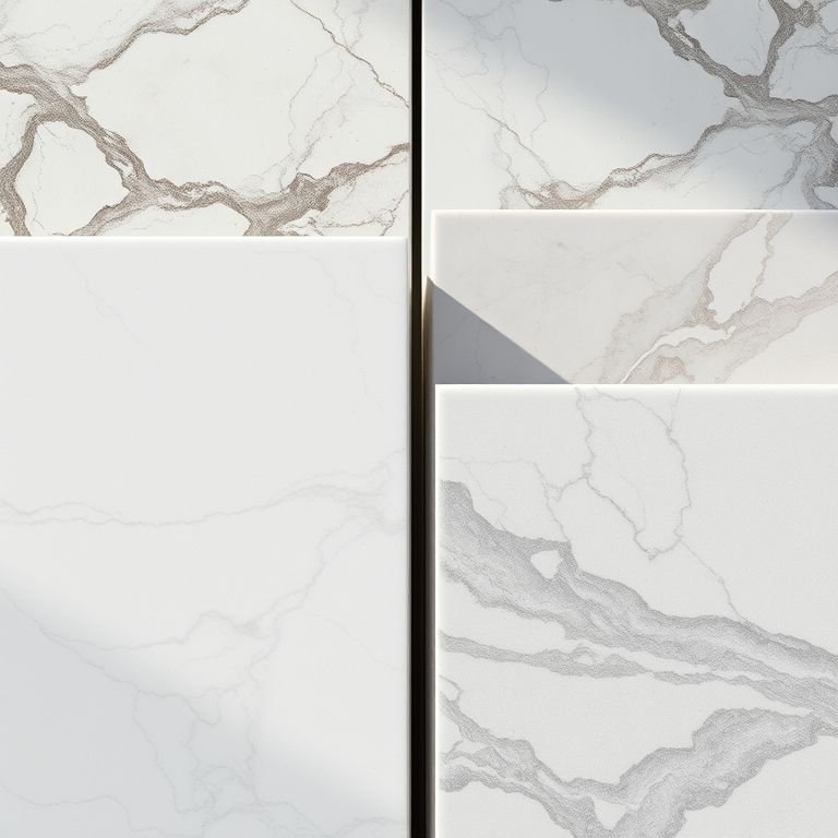 Variedade de mármores para banheiro com diferentes texturas e veios.