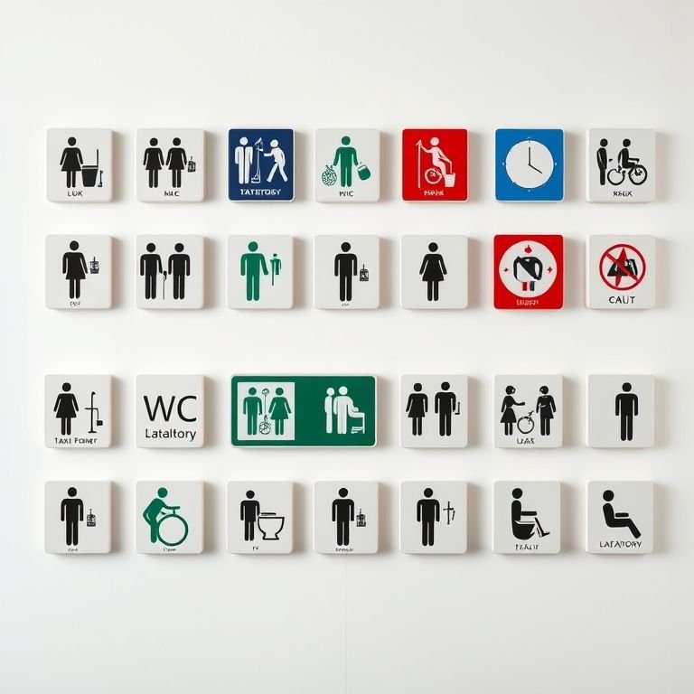 Variedade de placas de banheiro em diferentes idiomas.