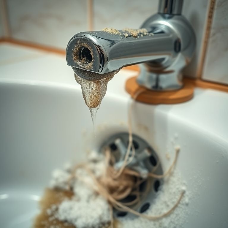 Variedade de sujeiras comuns em banheiros: calcário, cabelos e resíduos de sabão.