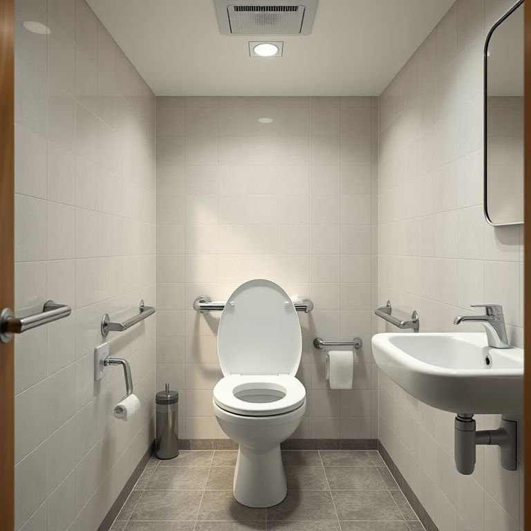 Vaso sanitário acessível com altura adequada e barras de apoio.