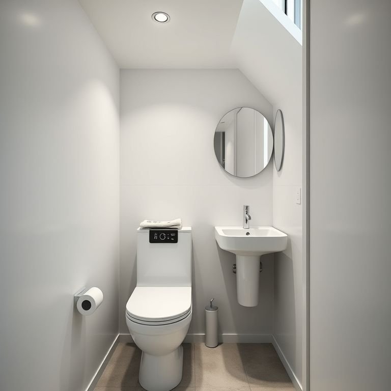 Vaso sanitário e pia compactos em banheiro pequeno sob a escada.