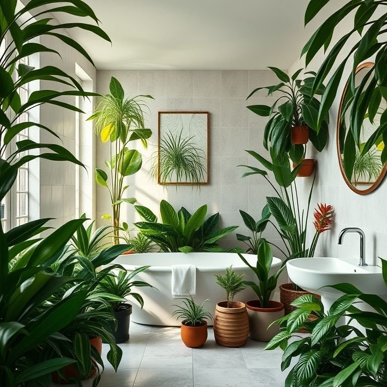 Vasos grandes com plantas exuberantes em banheiro espaçoso.