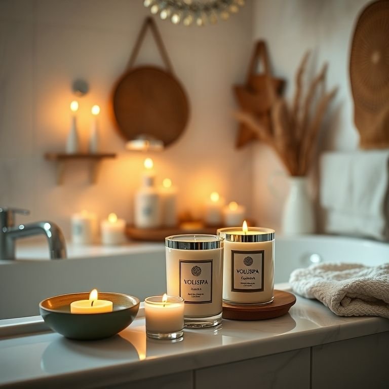 Velas aromáticas da Voluspa em um banheiro boho com iluminação aconchegante.