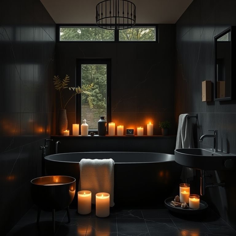 Velas aromáticas Granado em um banheiro preto.