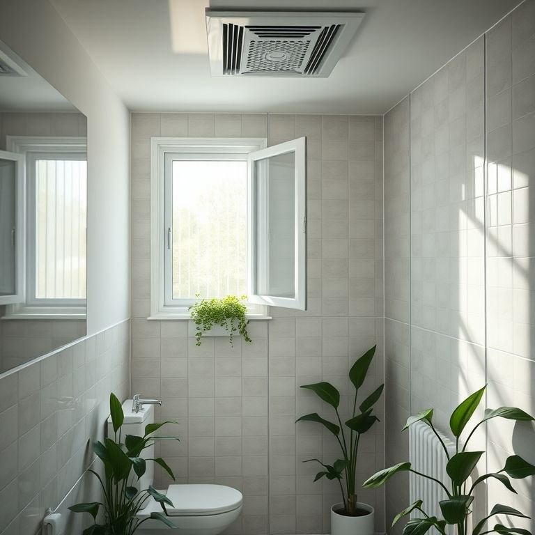 Ventilação essencial em banheiro sob a escada com exaustor e janela.