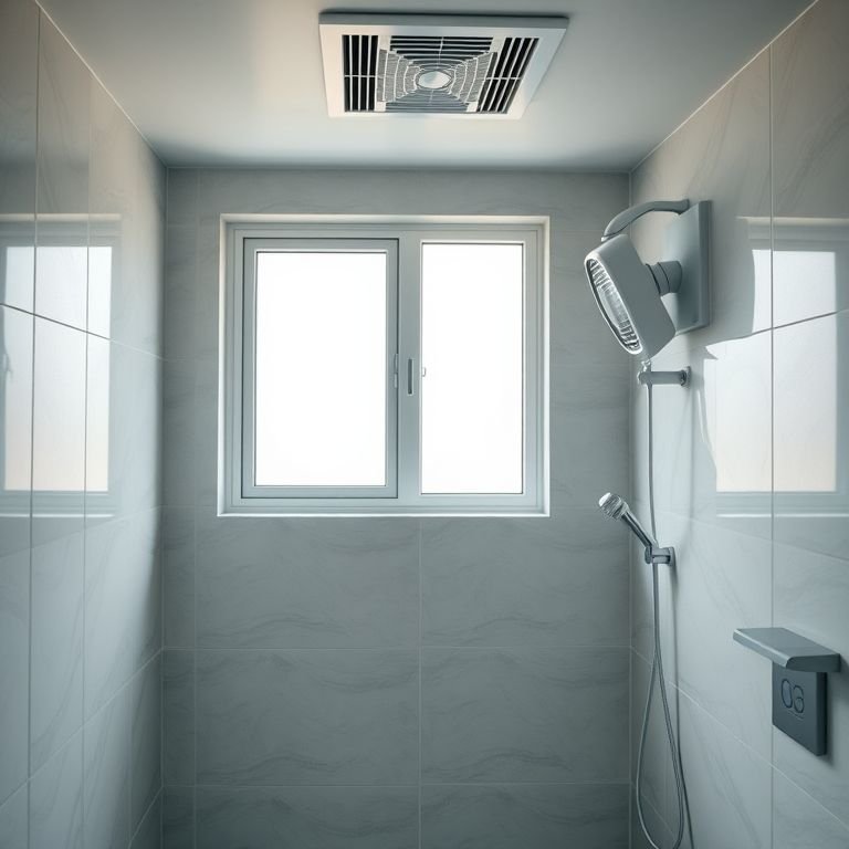 Ventilação reforçada em banheiro: vitro 60x60 e exaustor para controle da umidade.