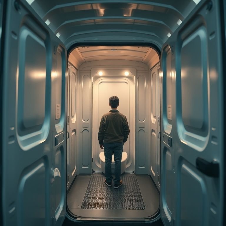 Visão interna de um banheiro químico portátil com uma pessoa utilizando.