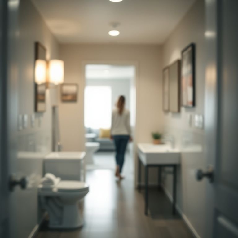 Vista desfocada de um corredor a partir do banheiro social, enfatizando a privacidade da família.