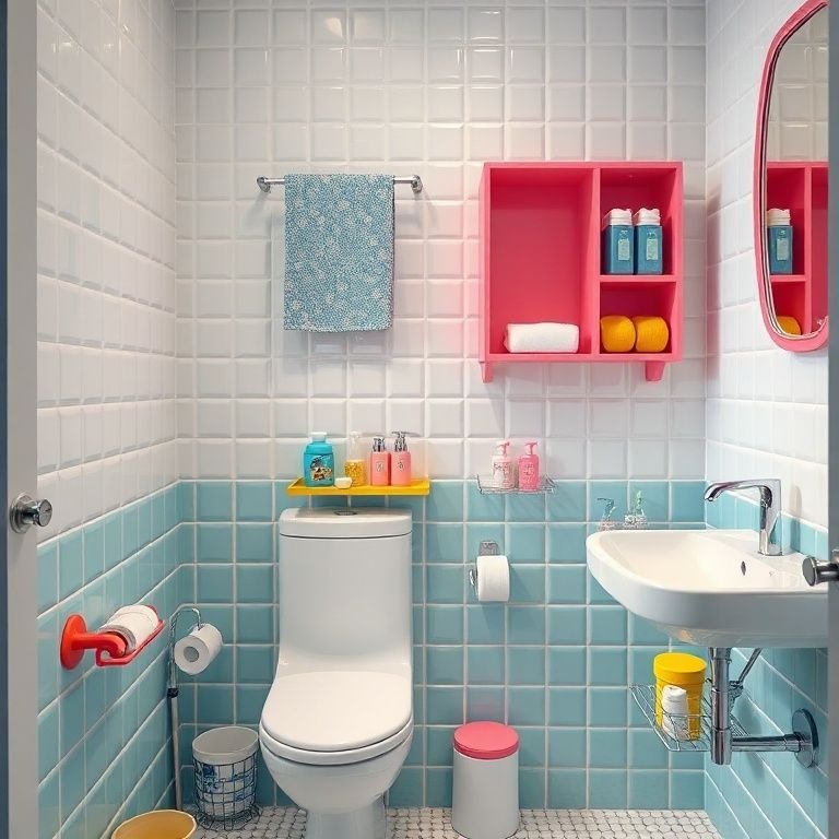 Acessórios coloridos e funcionais no banheiro infantil.
