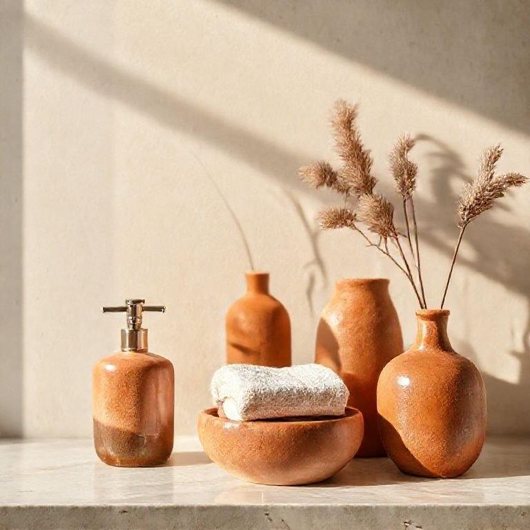 Acessórios e detalhes em terracota em banheiro.