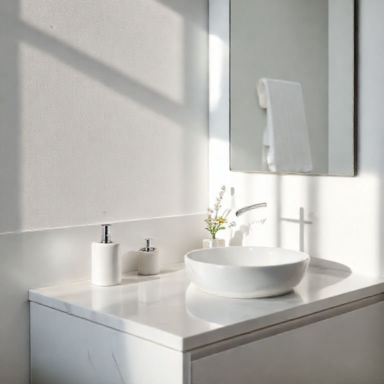 Acessórios essenciais em bancada de banheiro minimalista.