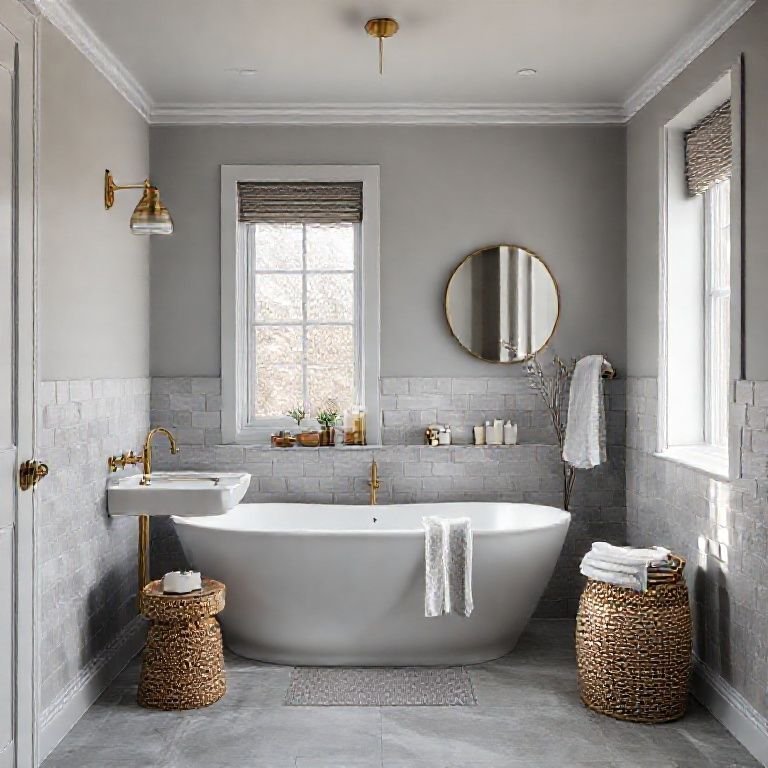 Acessórios que complementam a decoração de um banheiro cinza.