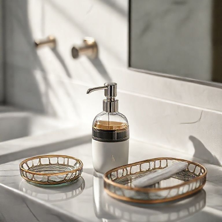 Acessórios sofisticados em bancada de banheiro.