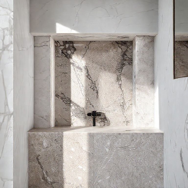 Amostras de materiais para nichos de banheiro: mármore, granito e cerâmica.