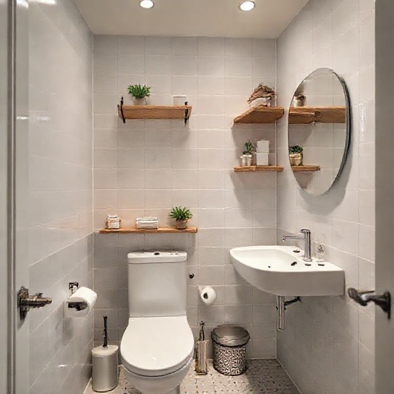 Aproveitamento inteligente de espaço em banheiro 2x2 com prateleiras de canto.