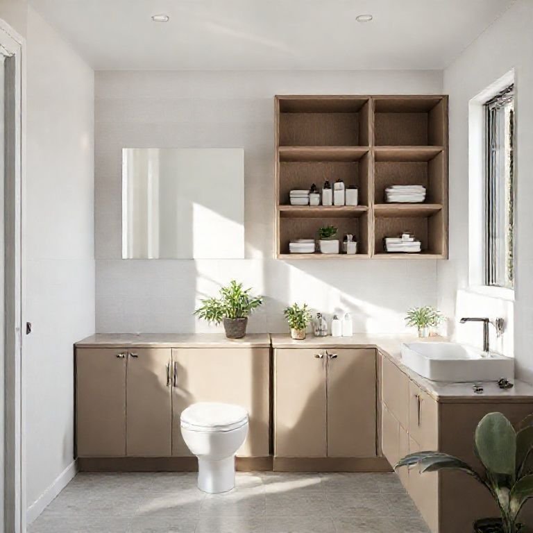 Armários e prateleiras organizadas em banheiro minimalista.