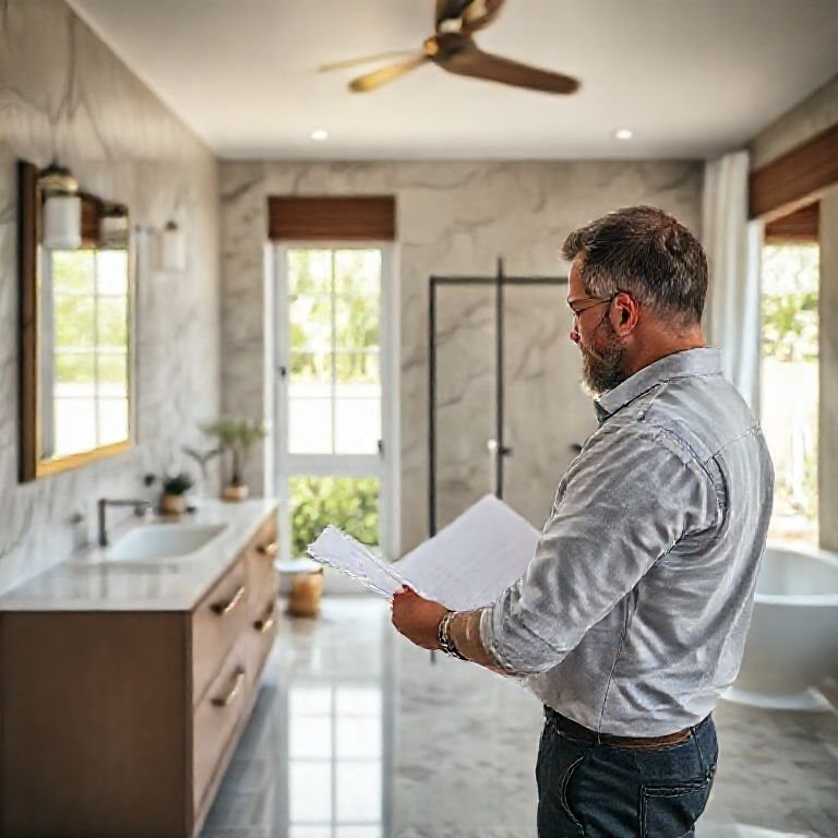 Arquiteta revisando projetos de balcão de banheiro em casa com estilo brasileiro.