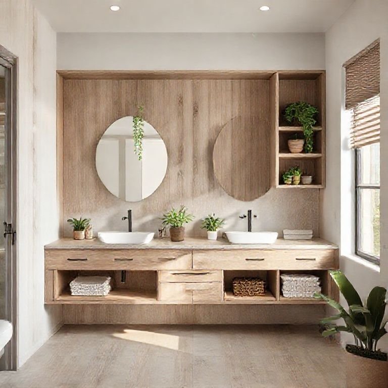 Balcão com nichos e prateleiras para organização e decoração com plantas.