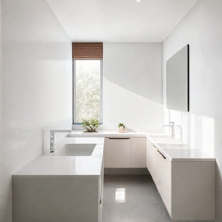 Balcão com pia integrada, design elegante e minimalista com luz natural.