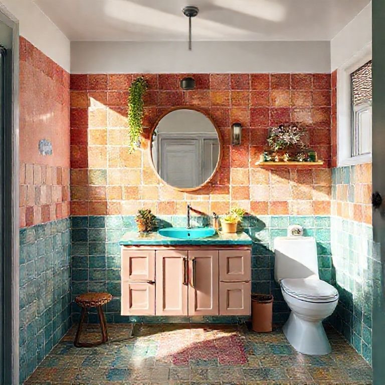 Balcão de banheiro colorido com azulejos vibrantes e decoração brasileira moderna.