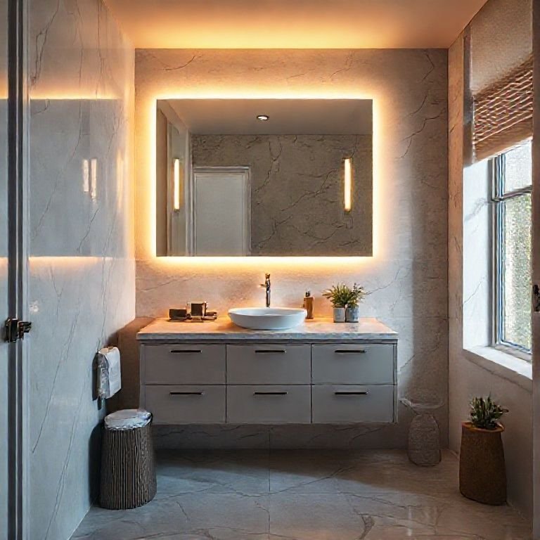 Balcão de banheiro com iluminação estratégica em LED e luz natural.