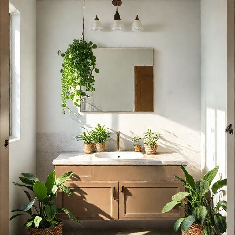 Balcão de banheiro com plantas trazendo vida e frescor ao ambiente.
