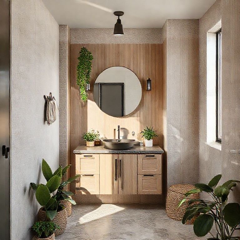 Balcão de canto para banheiro pequeno com madeira clara e plantas.