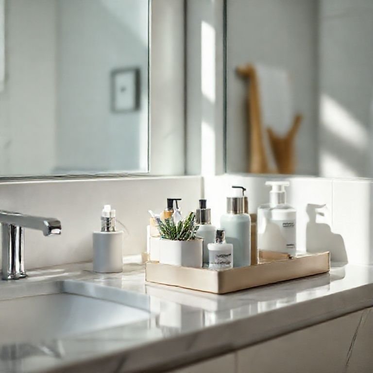 Bancada de banheiro organizada com produtos de higiene pessoal dispostos em recipientes estilosos.