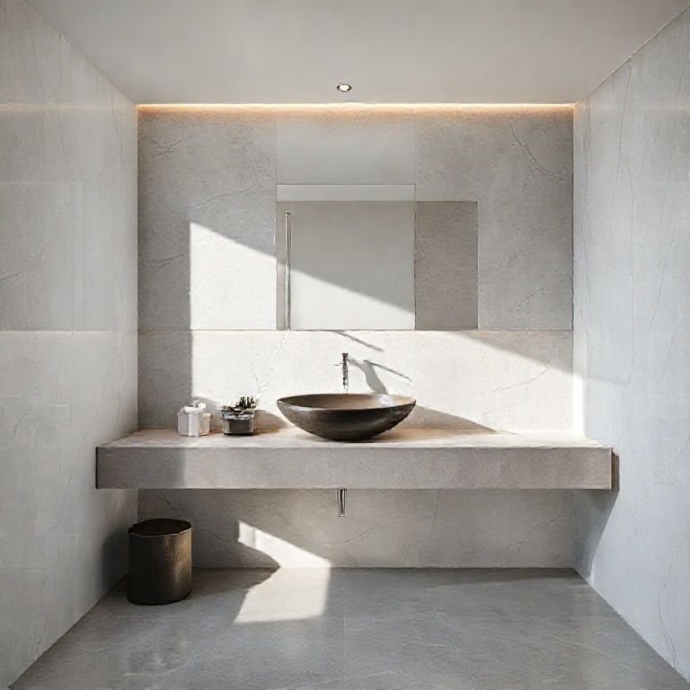 Bancada suspensa com cuba esculpida em banheiro pequeno.