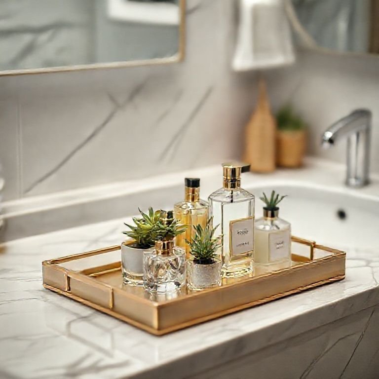 Bandeja decorativa na bancada do banheiro.