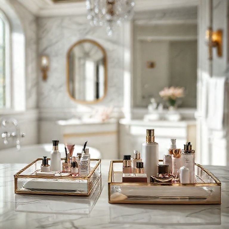 Bandejas organizadoras com produtos de beleza em um banheiro luxuoso.