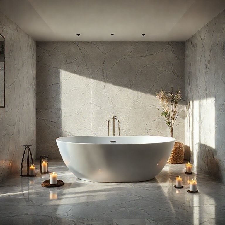 Banheira de imersão elegante em um banheiro espaçoso com iluminação suave.