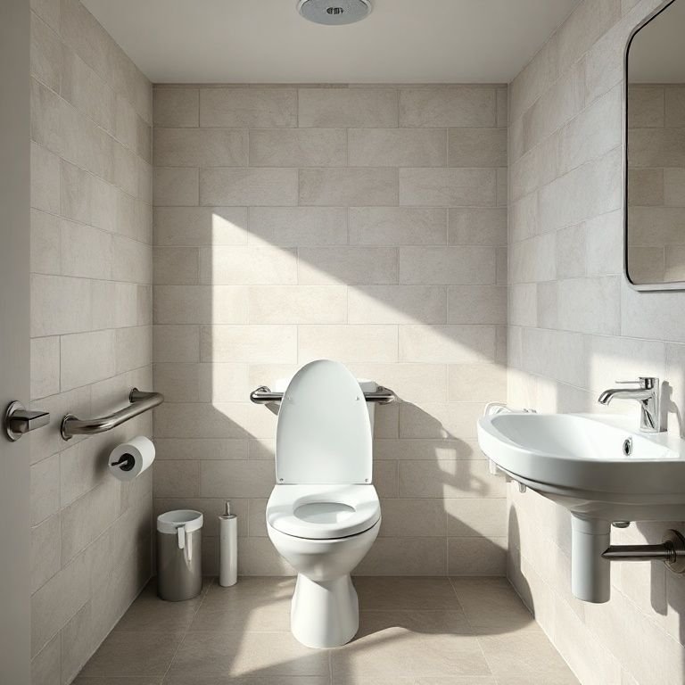 Banheiro acessível com vaso sanitário Weasy e barras de apoio.