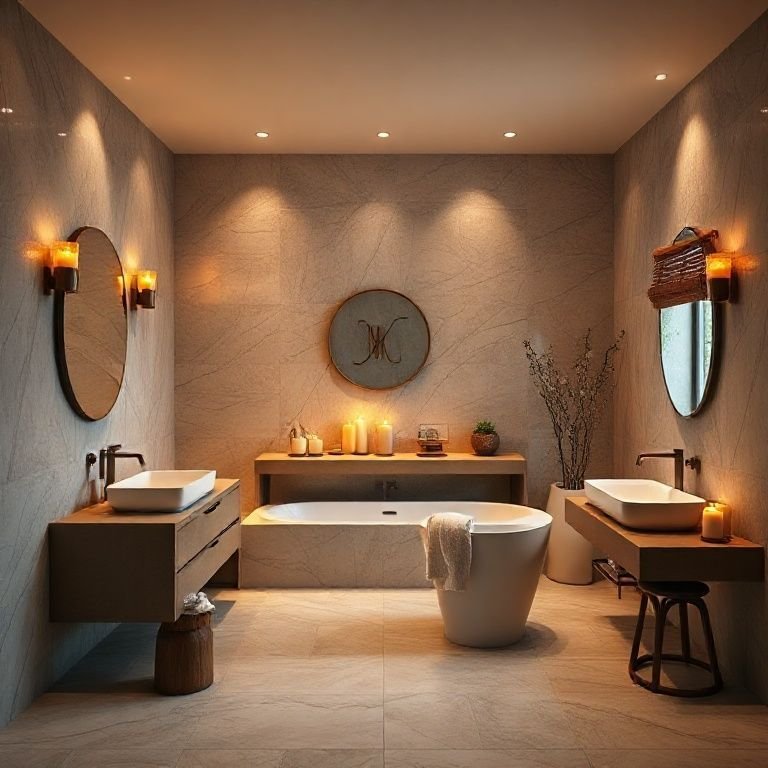 Banheiro aconchegante com iluminação quente e relaxante.