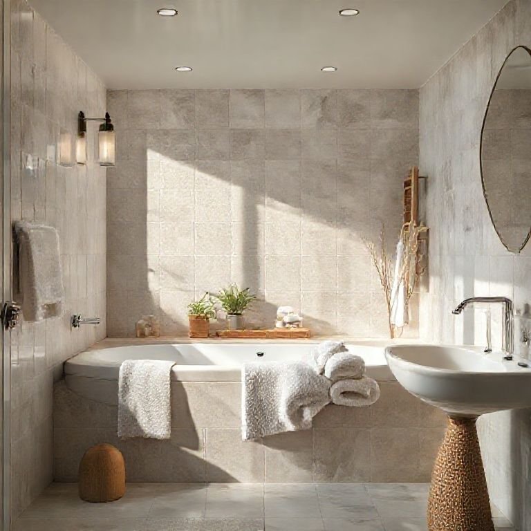 Banheiro aconchegante com iluminação suave e toalhas macias.