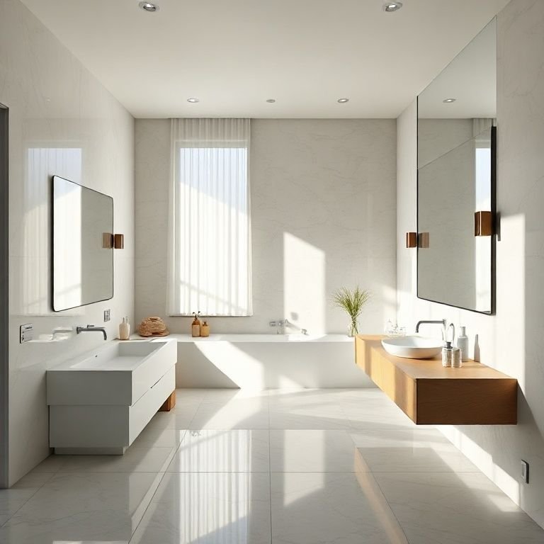 Banheiro amplo com espelho grande ampliando o espaço.